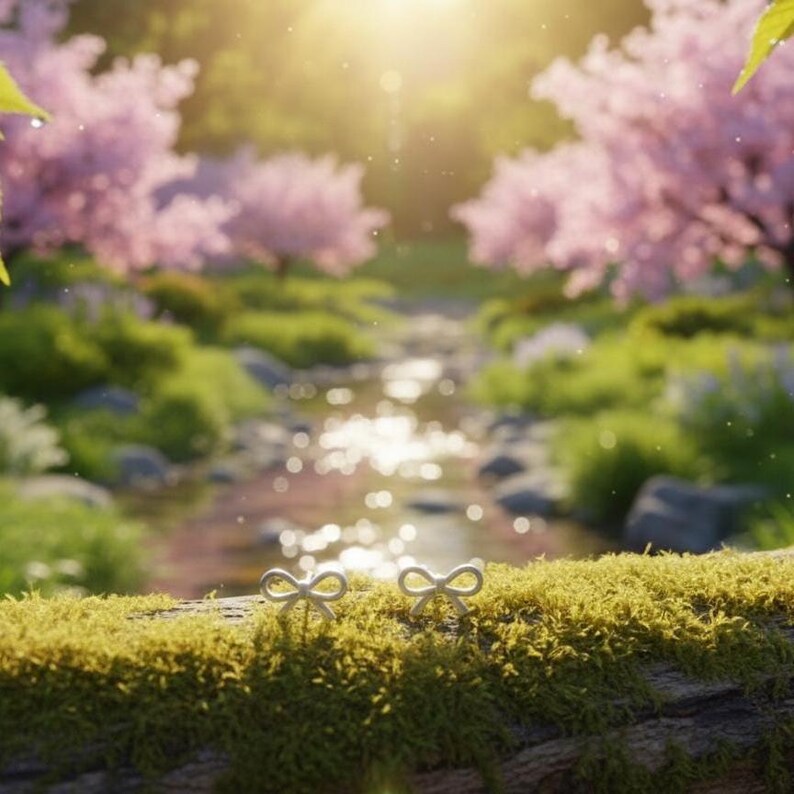 Pu&ograve; includere: Due orecchini argentati a forma di fiocco poggiano su un tronco coperto di muschio. Lo sfondo presenta un paesaggio sereno con un ruscello, alberi in fiore rosa e la luce del sole che filtra attraverso le foglie.