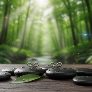 Pu&ograve; includere: Pietre da spa nere con fiocchi argentati, una foglia verde e goccioline d'acqua. Sono disposte su una superficie di legno, con uno sfondo sfocato di foresta. L'immagine evoca serenit&agrave; e benessere.