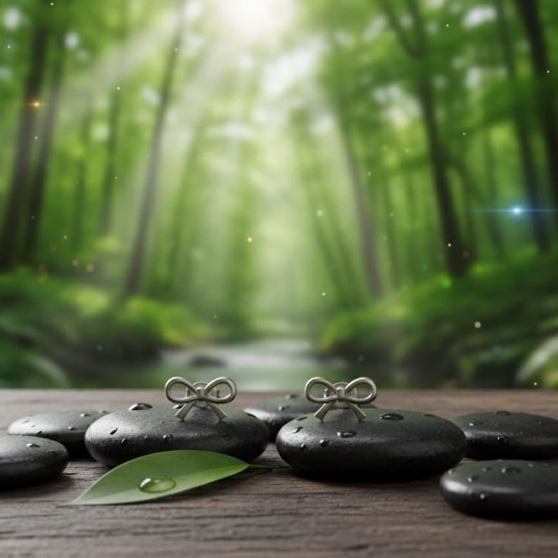 Pu&ograve; includere: Pietre da spa nere con fiocchi argentati, una foglia verde e goccioline d'acqua. Sono disposte su una superficie di legno, con uno sfondo sfocato di foresta. L'immagine evoca serenit&agrave; e benessere.