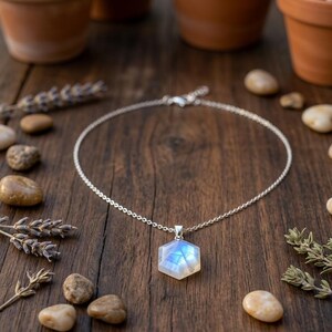 Natural Moonstone Dainty Hexagon Pendant Necklace minimalist jewelry Blue Flash Moonstone Pendant Handmade Statement Neckless for Unisex