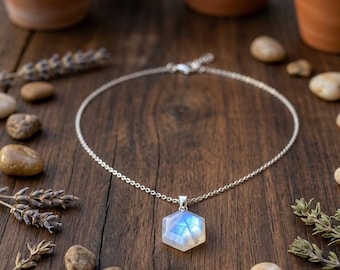 Natural Moonstone Dainty Hexagon Pendant Necklace minimalist jewelry Blue Flash Moonstone Pendant Handmade Statement Neckless for Unisex