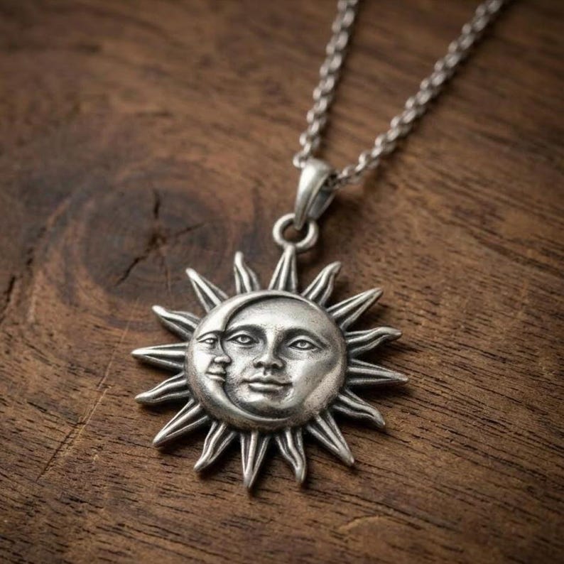 Sun Moon Necklace Sterling Silver Celestial Sun Face Pendant Boho Sun Necklace Sun and Moon Jewelry Spiritual Celestial Necklace Gift for Her