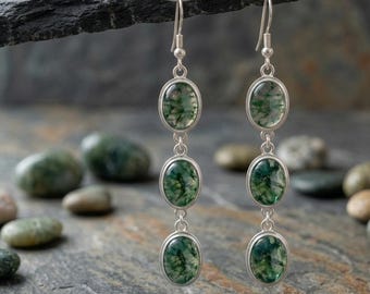 Orecchini pendenti in agata muschiata autentica, pendenti in cristallo curativo, gioielli in agata, orecchini in argento sterling fatti a mano, orecchini da damigella d'onore