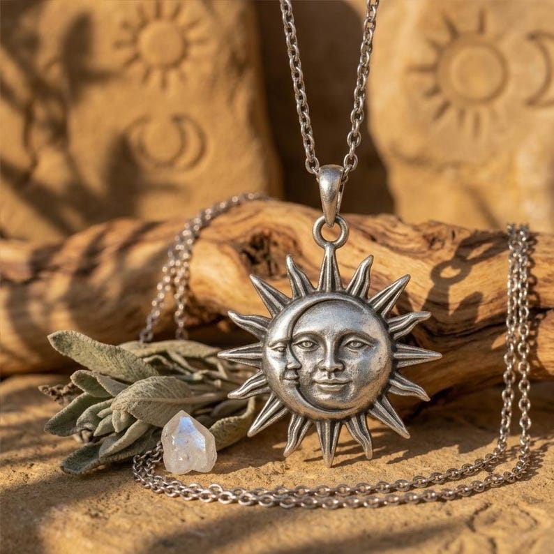 May include: A silver-toned metal pendant necklace featuring a sun and crescent moon face design with radiating rays. The pendant hangs from a matching silver-toned chain, showcasing a detailed celestial motif with a polished finish.