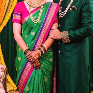 Emerald Green Art Silk Saree with Stitched Blouse | Indian Wedding Wear, Zari Border