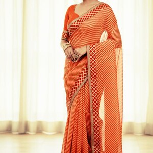 Orange Striped Georgette Saree | Red Gota Patti Border, Unstitched Fabric + Blouse Piece