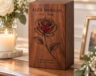 Personalized Rosewood Cremation Urn, Laser Engraved Rose, Memorial Ashes Box