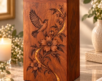 Handmade Rosewood Urn for Human Ashes, Bird Resin Inlay Design, Personalized Funeral Keepsake Box