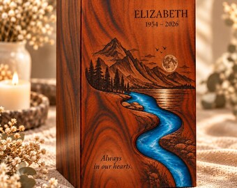 Personalized Human Ashes Urn, Rosewood Cremation Urn with Blue Resin River, Engraved Mountain Memorial Urn, Adult Funeral Keepsake