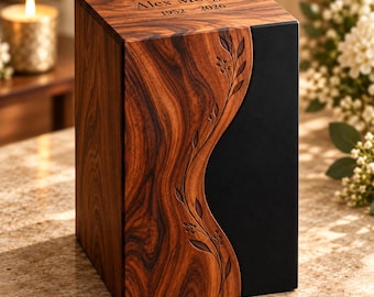 Personalized Rosewood Cremation Urn with Black Resin, Engraved Memorial Urn for Human Ashes