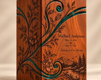 Personalized Wooden Urn for Human Ashes, Emerald Green Resin Cremation Urn, Custom Engraved Rosewood Memorial Box, Adult Funeral Urn