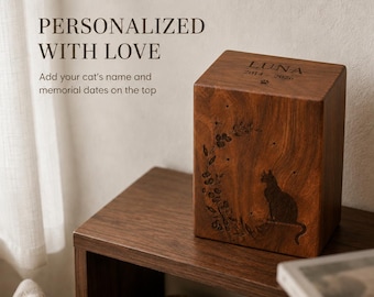 Personalized Rosewood Cat Urn, Engraved Seated Cat Memorial, Pet Ashes Box