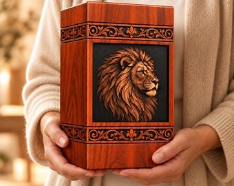 Handcrafted Rosewood Lion Cremation Urn, Regal Memorial Keepsake (Adult Ashes)