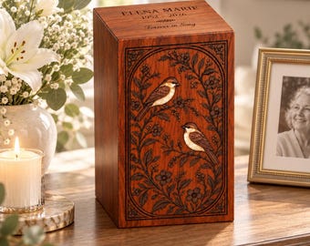 Personalized Rosewood Urn for Human Ashes, Bird Memorial Cremation Urn with Resin Inlay