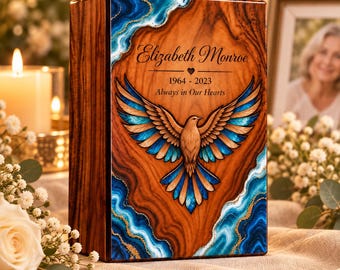 Personalized Urn for Human Ashes, Blue Resin Bird Memorial Urn, Custom Rosewood Cremation Urn for Adults, Funeral Keepsake for Mom or Dad