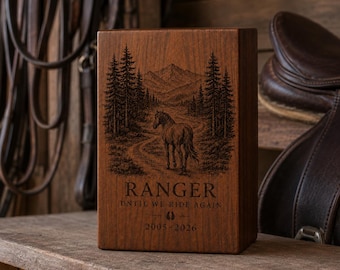 Trail Horse Remembrance Urn, Personalized Rosewood Ashes Memorial with Name and Dates