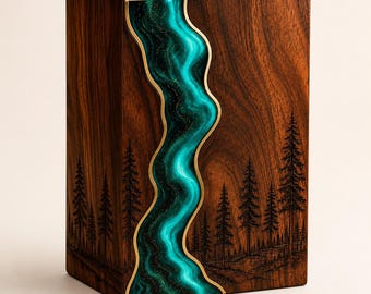 Personalized Mountain Cremation Urn with Teal Resin River
