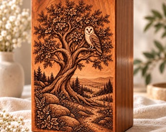 Personalized Wooden Cremation Urn for Human Ashes, Solid Rosewood Owl and Tree of Life Memorial Box, Engraved Nature Urn