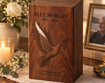 Personalized Rosewood Cremation Urn, Dove Engraving, Resin Feather Inlay
