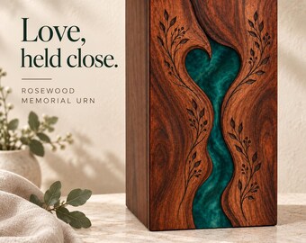 Personalized Rosewood Cremation Urn for Ashes, Teal Resin Heart and Botanical Engraving
