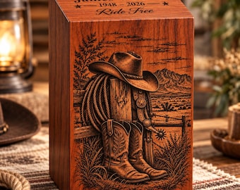 Personalized Cowboy Urn for Human Ashes, Rosewood Western Memorial Cremation Urn