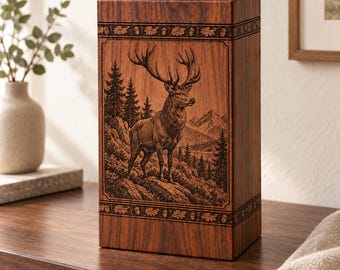 Personalized Deer Cremation Urn for Human Ashes, Rosewood with Stag and Woodland Engraving