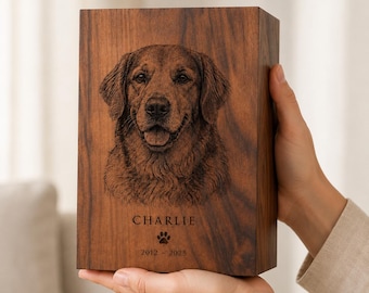Custom Dog Portrait Urn, Personalized Rosewood Pet Ashes Box with Laser Engraving