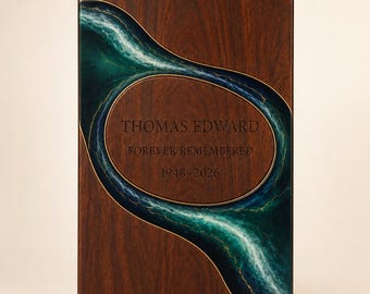 Personalized Urn for Human Ashes, Wooden Cremation Urn with Emerald Resin and Engraving