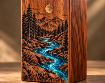Personalized Rosewood Cremation Urn, Engraved Mountain River Landscape, Custom Memorial Keepsake