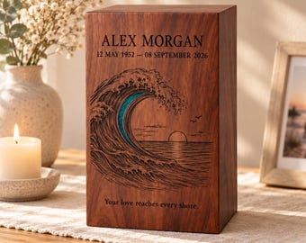 Personalized Urn for Human Ashes, Rosewood Cremation Box, Ocean Wave Memorial with Blue Resin