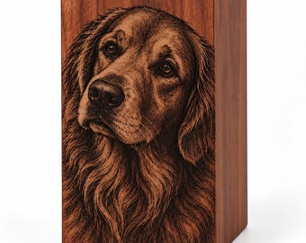 Dog Urn for Ashes, Solid Rosewood with Engraved Dog Portrait and Personalized Name