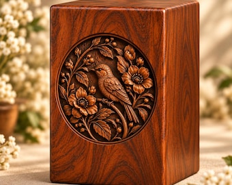 Personalized Rosewood Cremation Urn for Human Ashes, Bird and Floral Memorial Urn, Custom Wooden Funeral Keepsake, Adult Ashes Urn