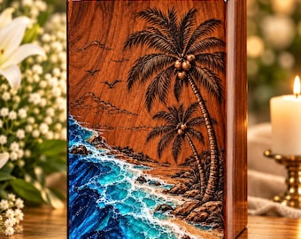 Personalized Wooden Cremation Urn for Ashes, Handmade Ocean Resin Memorial Rosewood Urn with Palm Tree Engraving, Beach Memorial Keepsake