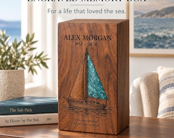 Personalized Wooden Cremation Urn for Human Ashes, Rosewood with Sailboat Engraving and Teal Resin