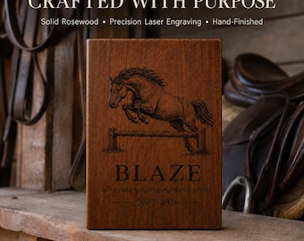 Personalized Jumping Horse Urn, Rosewood Equine Ashes Box with Laser Engraving