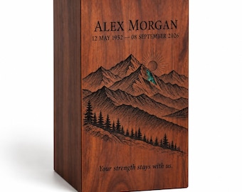 Personalized Mountain Urn for Ashes, Rosewood with Forest Engraving and Emerald Resin
