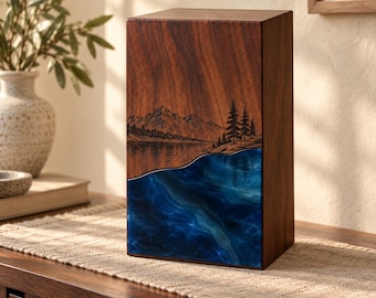 Personalized Rosewood Cremation Urn for Ashes, Blue Resin and Engraved Mountain Lake
