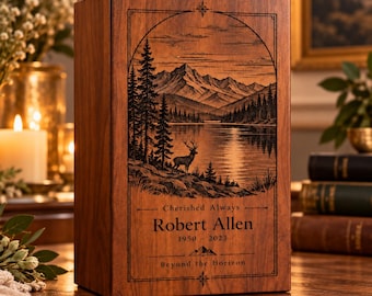 Personalized Rosewood Cremation Urn for Human Ashes, Engraved Mountain Lake and Deer Memorial