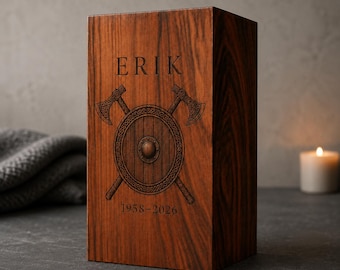 Personalized Rosewood Viking Cremation Urn, Shield and Axes Engraving (Memorial Dates)