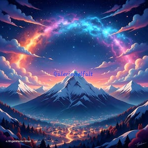 Könnte beinhalten: Eine digitale Illustration von schneebedeckten Bergen, die ein Talstädtchen bei Nacht umgeben. Der Himmel zeigt einen leuchtenden Nebel mit orangefarbenen, rosa und blauen Wolken und Sternen. Der Text "Galerievielfalt" steht über dem zentralen Gipfel.