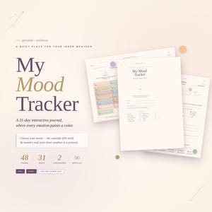 Può includere: Un diario digitale My Mood Tracker con una palette di colori tenui e neutri. La copertina presenta il titolo in un carattere elegante. Il diario è uno strumento interattivo di 31 giorni con 48 pagine, disponibile in 2 lingue.