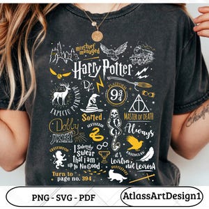 May include: Dark gray t-shirt with a white and yellow graphic design featuring elements from the Harry Potter series. Includes text such as "Harry Potter", "Dobby", and "Always". The design also includes a lightning bolt, a stag, and a snake.