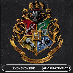 May include: A detailed illustration of the Hogwarts crest, featuring a shield divided into four sections with animal symbols and the letter "H". The crest is framed by ornate gold embellishments and the words "Draco Dormiens Nunquam Titillandus".