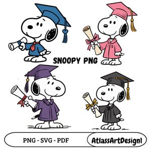 May include: Four Snoopy graduation designs in blue, pink, purple, and black graduation gowns and caps, each holding a diploma. The image includes the text "SNOOPY PNG" and "PNG - SVG - PDF" and the seller's name.