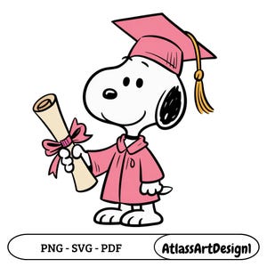 May include: A cartoon illustration of Snoopy in a graduation cap and gown, holding a diploma tied with a pink ribbon. The image is in pink, black, and white, with the text "PNG - SVG - PDF" and "AtlassArtDesignl" at the bottom.