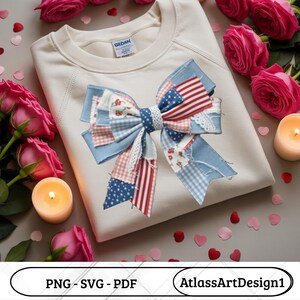 Patriotic Coquette Bow PNG, Vintage American Flag Bow SVG, Faux Patchwork 4th of July PNG, Independence Day Sublimation Design