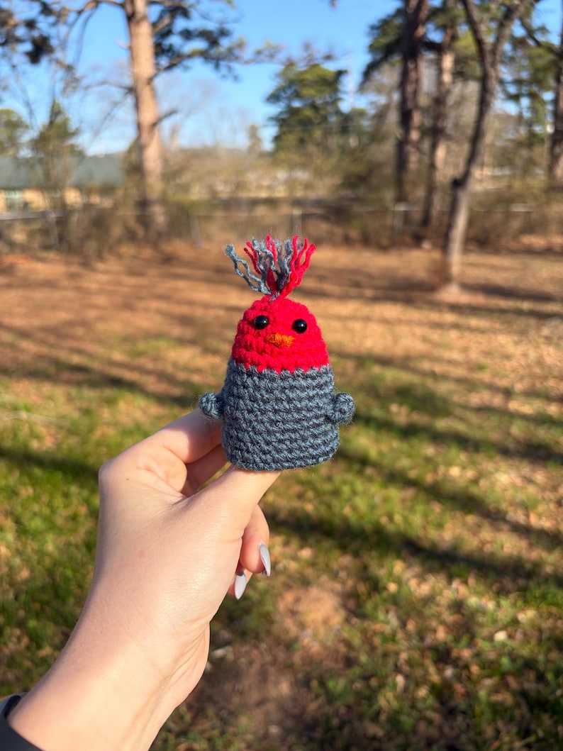 May include: A handmade crochet bird figurine with a red head, black eyes, and a gray body. The bird has a tuft of red and gray yarn on its head and small gray wings. The bird is held in a hand against a blurred outdoor background.