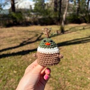May include: A handmade crochet duckling toy. The duckling has a green head, white and brown body, and a small orange beak. The toy has small brown wings and a tuft of brown and green yarn on top of its head.