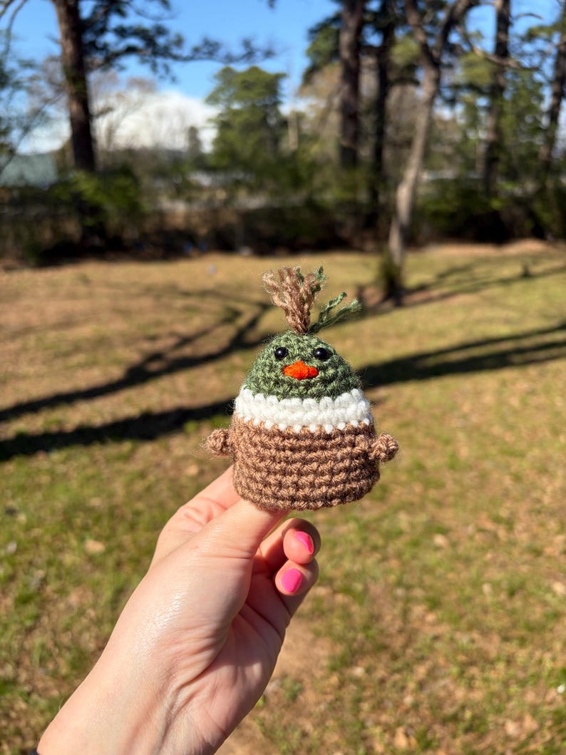 May include: A handmade crochet duckling toy. The duckling has a green head, white and brown body, and a small orange beak. The toy has small brown wings and a tuft of brown and green yarn on top of its head.