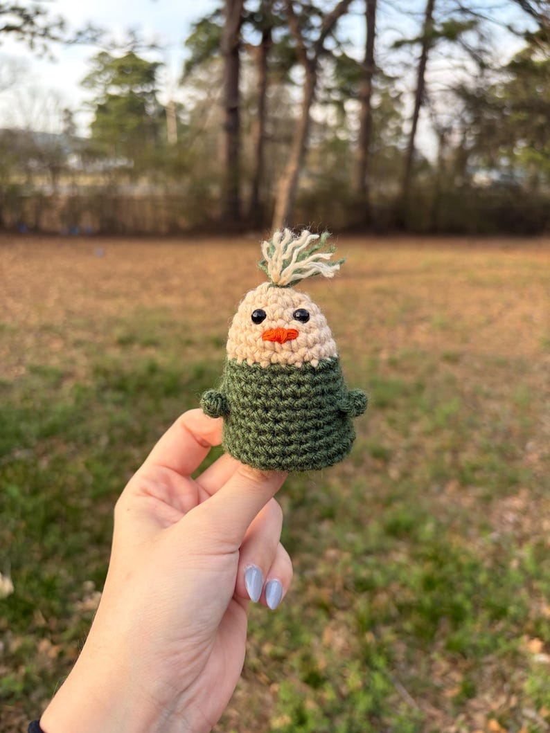 May include: A handmade crochet chick with a beige head, green body, and orange beak. The chick has small black eyes and a tuft of green and white yarn on top. The chick is held up by a person's fingers.